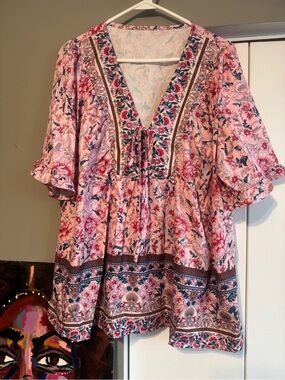 NWOT Boho Pink Floral Ruffle Sleeve Peasant Blouse -  2X